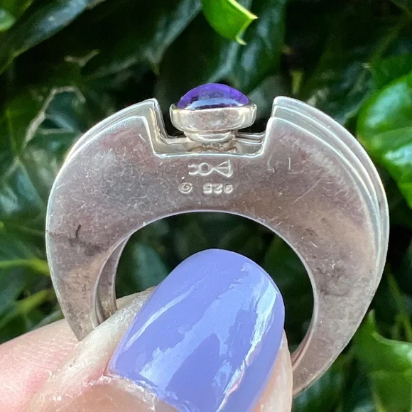 VINTAGE ARTISAN CRAFTED DESIGNER 925SS AMETHYST CABOCHON TRIPLE 3 RINGS UNIQUE